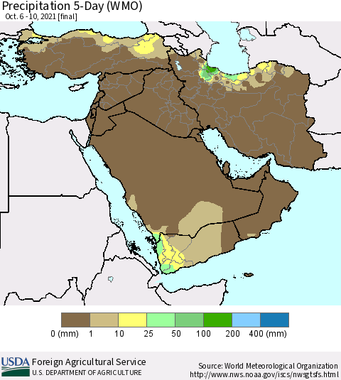 Middle East and Turkey Precipitation 5-Day (WMO) Thematic Map For 10/6/2021 - 10/10/2021