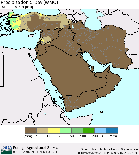 Middle East and Turkey Precipitation 5-Day (WMO) Thematic Map For 10/11/2021 - 10/15/2021
