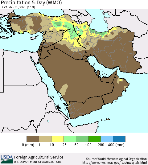 Middle East and Turkey Precipitation 5-Day (WMO) Thematic Map For 10/26/2021 - 10/31/2021