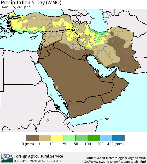 Middle East and Turkey Precipitation 5-Day (WMO) Thematic Map For 11/1/2021 - 11/5/2021