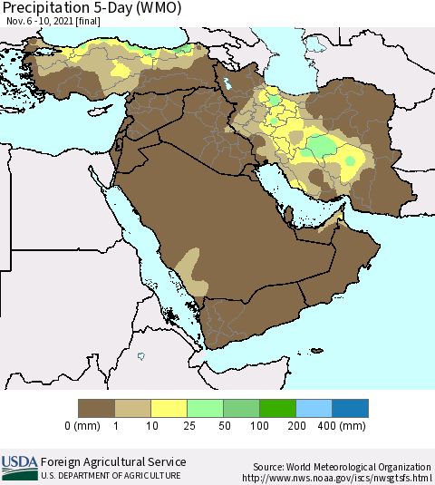 Middle East and Turkey Precipitation 5-Day (WMO) Thematic Map For 11/6/2021 - 11/10/2021