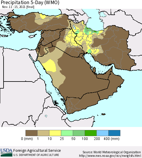 Middle East and Turkey Precipitation 5-Day (WMO) Thematic Map For 11/11/2021 - 11/15/2021