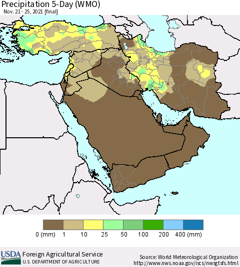 Middle East and Turkey Precipitation 5-Day (WMO) Thematic Map For 11/21/2021 - 11/25/2021