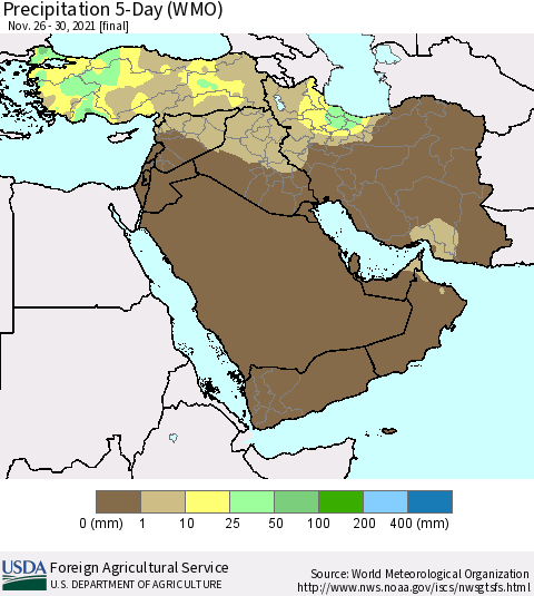 Middle East and Turkey Precipitation 5-Day (WMO) Thematic Map For 11/26/2021 - 11/30/2021