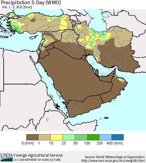Middle East and Turkey Precipitation 5-Day (WMO) Thematic Map For 12/1/2021 - 12/5/2021