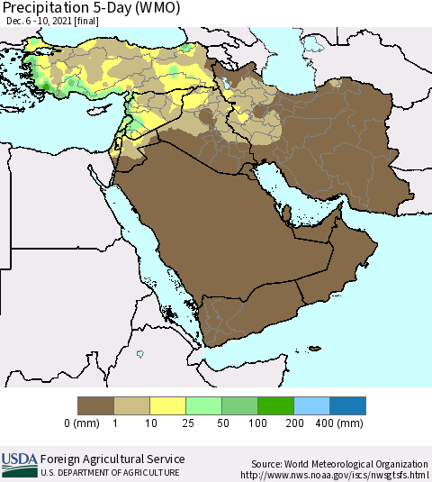 Middle East and Turkey Precipitation 5-Day (WMO) Thematic Map For 12/6/2021 - 12/10/2021