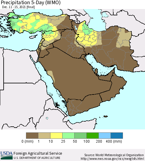 Middle East and Turkey Precipitation 5-Day (WMO) Thematic Map For 12/11/2021 - 12/15/2021