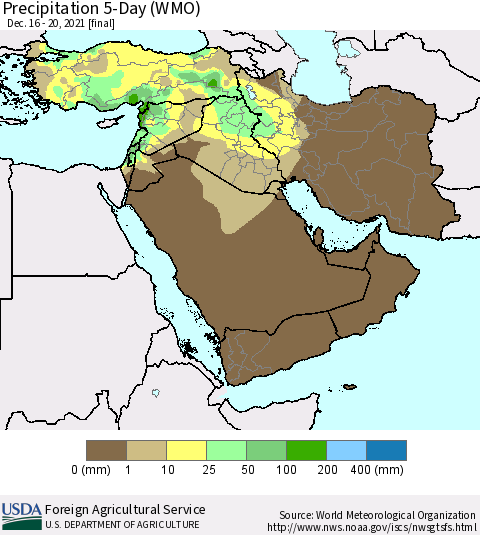 Middle East and Turkey Precipitation 5-Day (WMO) Thematic Map For 12/16/2021 - 12/20/2021