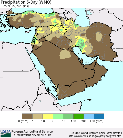 Middle East and Turkey Precipitation 5-Day (WMO) Thematic Map For 12/21/2021 - 12/25/2021