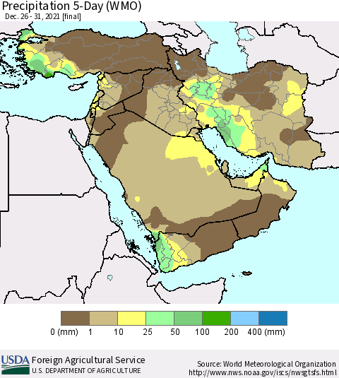 Middle East and Turkey Precipitation 5-Day (WMO) Thematic Map For 12/26/2021 - 12/31/2021