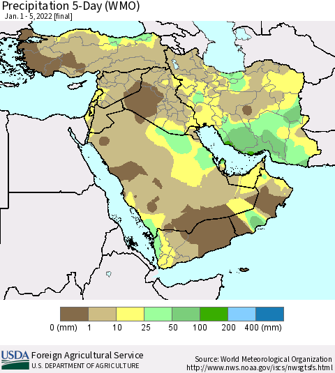 Middle East and Turkey Precipitation 5-Day (WMO) Thematic Map For 1/1/2022 - 1/5/2022