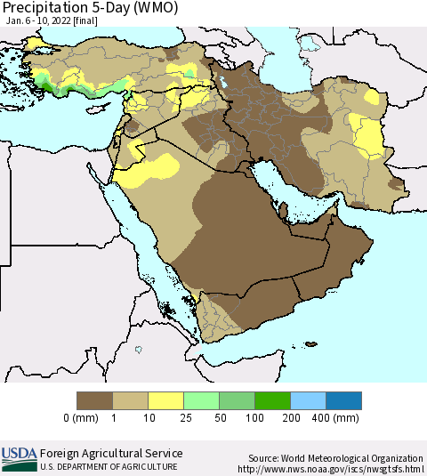 Middle East and Turkey Precipitation 5-Day (WMO) Thematic Map For 1/6/2022 - 1/10/2022