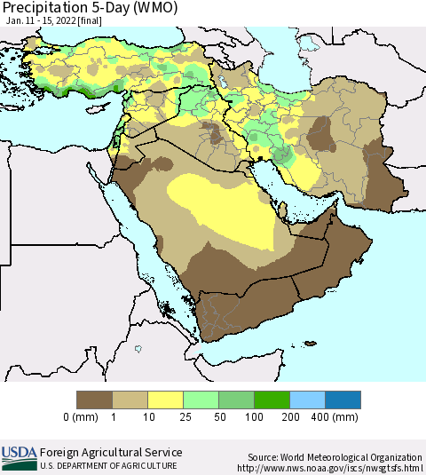Middle East and Turkey Precipitation 5-Day (WMO) Thematic Map For 1/11/2022 - 1/15/2022