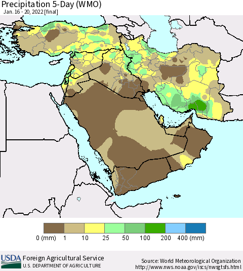 Middle East and Turkey Precipitation 5-Day (WMO) Thematic Map For 1/16/2022 - 1/20/2022
