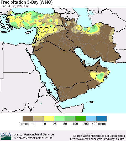 Middle East and Turkey Precipitation 5-Day (WMO) Thematic Map For 1/21/2022 - 1/25/2022