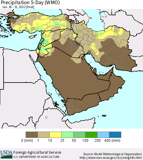 Middle East and Turkey Precipitation 5-Day (WMO) Thematic Map For 1/26/2022 - 1/31/2022