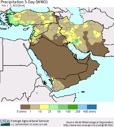 Middle East and Turkey Precipitation 5-Day (WMO) Thematic Map For 2/1/2022 - 2/5/2022