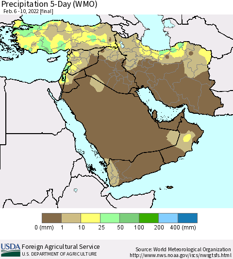 Middle East and Turkey Precipitation 5-Day (WMO) Thematic Map For 2/6/2022 - 2/10/2022