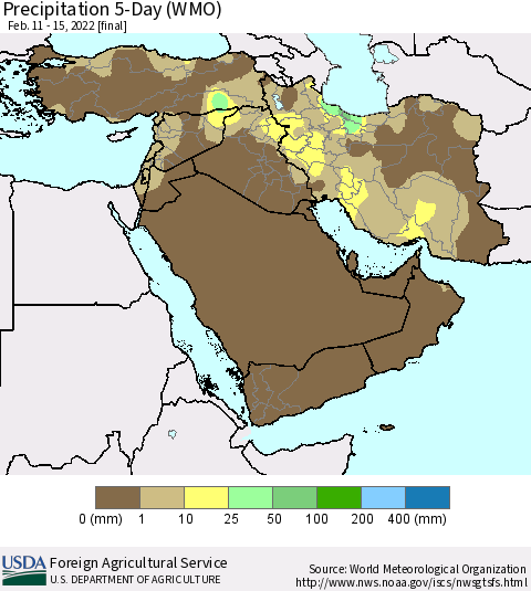 Middle East and Turkey Precipitation 5-Day (WMO) Thematic Map For 2/11/2022 - 2/15/2022