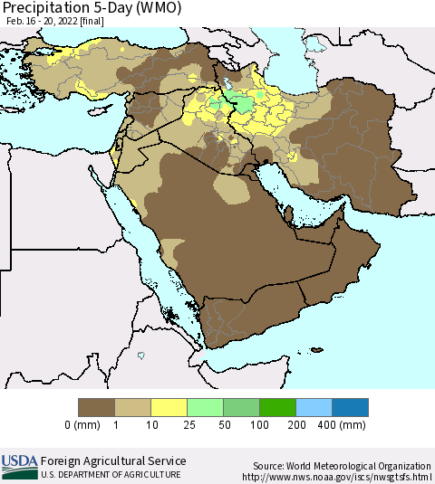 Middle East and Turkey Precipitation 5-Day (WMO) Thematic Map For 2/16/2022 - 2/20/2022