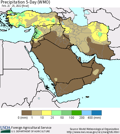 Middle East and Turkey Precipitation 5-Day (WMO) Thematic Map For 2/21/2022 - 2/25/2022