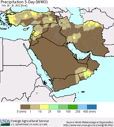 Middle East and Turkey Precipitation 5-Day (WMO) Thematic Map For 2/26/2022 - 2/28/2022