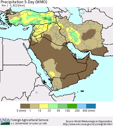 Middle East and Turkey Precipitation 5-Day (WMO) Thematic Map For 3/1/2022 - 3/5/2022