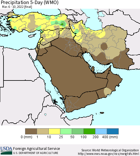 Middle East and Turkey Precipitation 5-Day (WMO) Thematic Map For 3/6/2022 - 3/10/2022