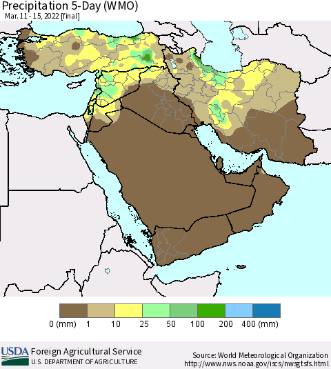 Middle East and Turkey Precipitation 5-Day (WMO) Thematic Map For 3/11/2022 - 3/15/2022