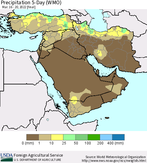 Middle East and Turkey Precipitation 5-Day (WMO) Thematic Map For 3/16/2022 - 3/20/2022