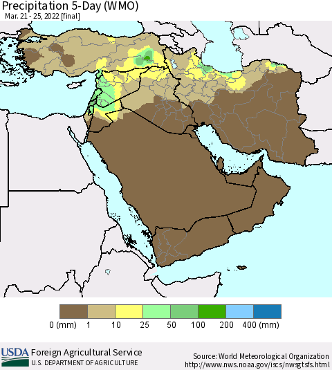 Middle East and Turkey Precipitation 5-Day (WMO) Thematic Map For 3/21/2022 - 3/25/2022