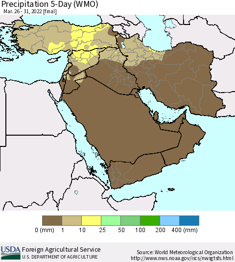 Middle East and Turkey Precipitation 5-Day (WMO) Thematic Map For 3/26/2022 - 3/31/2022