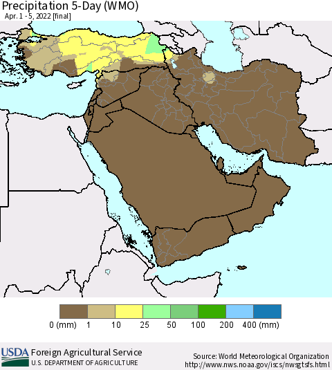 Middle East and Turkey Precipitation 5-Day (WMO) Thematic Map For 4/1/2022 - 4/5/2022