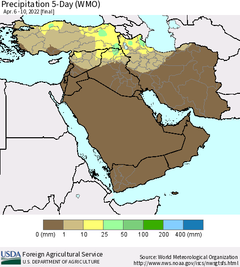 Middle East and Turkey Precipitation 5-Day (WMO) Thematic Map For 4/6/2022 - 4/10/2022