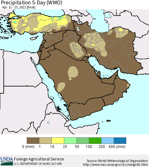 Middle East and Turkey Precipitation 5-Day (WMO) Thematic Map For 4/11/2022 - 4/15/2022