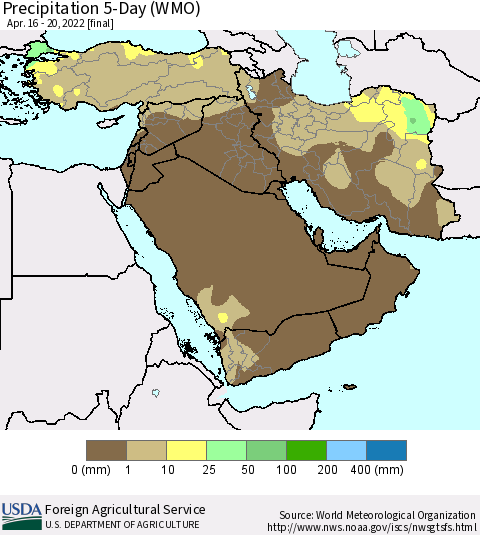 Middle East and Turkey Precipitation 5-Day (WMO) Thematic Map For 4/16/2022 - 4/20/2022