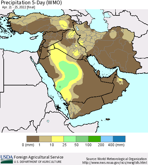 Middle East and Turkey Precipitation 5-Day (WMO) Thematic Map For 4/21/2022 - 4/25/2022