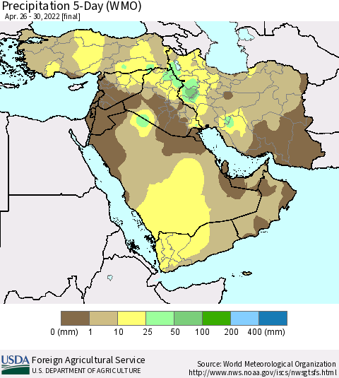 Middle East and Turkey Precipitation 5-Day (WMO) Thematic Map For 4/26/2022 - 4/30/2022