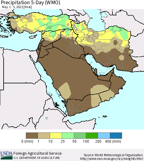 Middle East and Turkey Precipitation 5-Day (WMO) Thematic Map For 5/1/2022 - 5/5/2022