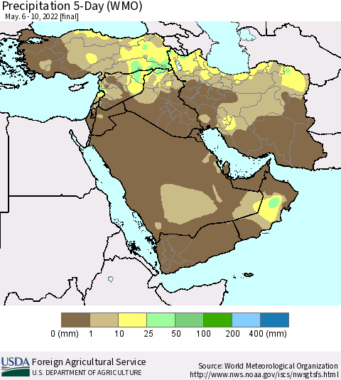 Middle East and Turkey Precipitation 5-Day (WMO) Thematic Map For 5/6/2022 - 5/10/2022