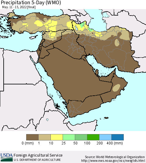 Middle East and Turkey Precipitation 5-Day (WMO) Thematic Map For 5/11/2022 - 5/15/2022