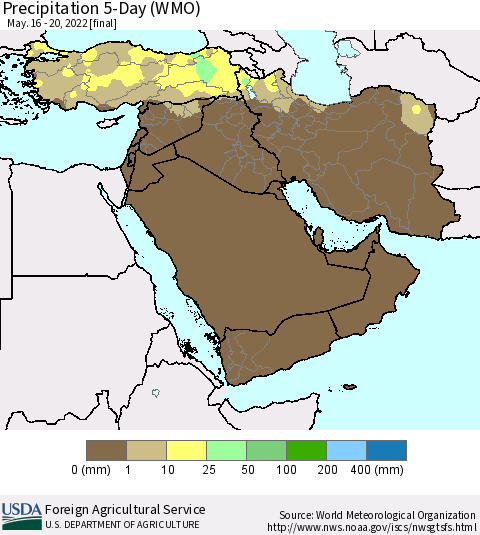 Middle East and Turkey Precipitation 5-Day (WMO) Thematic Map For 5/16/2022 - 5/20/2022