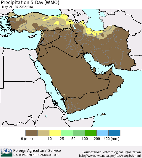 Middle East and Turkey Precipitation 5-Day (WMO) Thematic Map For 5/21/2022 - 5/25/2022