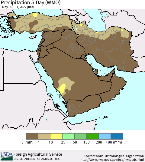 Middle East and Turkey Precipitation 5-Day (WMO) Thematic Map For 5/26/2022 - 5/31/2022