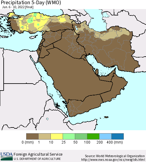 Middle East and Turkey Precipitation 5-Day (WMO) Thematic Map For 6/6/2022 - 6/10/2022