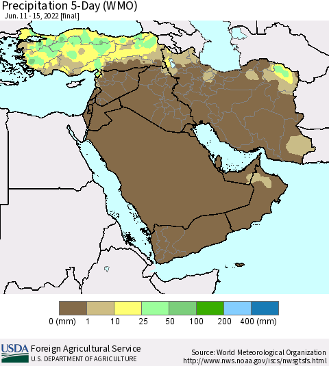 Middle East and Turkey Precipitation 5-Day (WMO) Thematic Map For 6/11/2022 - 6/15/2022
