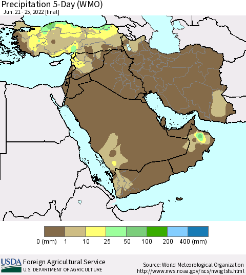 Middle East and Turkey Precipitation 5-Day (WMO) Thematic Map For 6/21/2022 - 6/25/2022