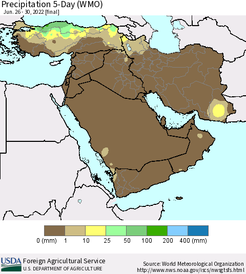 Middle East and Turkey Precipitation 5-Day (WMO) Thematic Map For 6/26/2022 - 6/30/2022