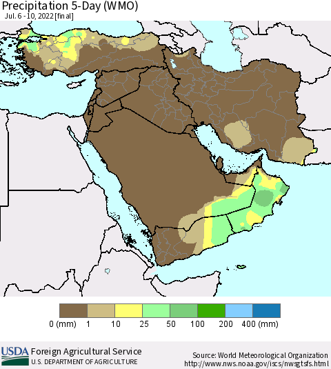 Middle East and Turkey Precipitation 5-Day (WMO) Thematic Map For 7/6/2022 - 7/10/2022