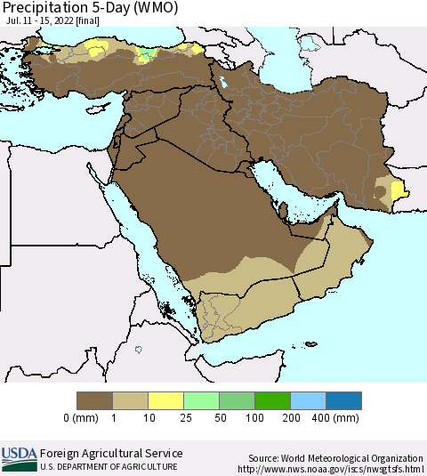 Middle East and Turkey Precipitation 5-Day (WMO) Thematic Map For 7/11/2022 - 7/15/2022